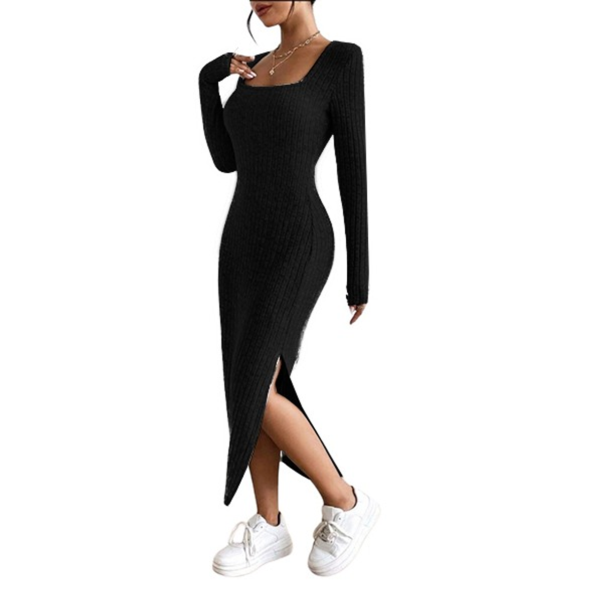 Vestido Ajustado Con Abertura Manga Larga Primavera Verano Tallas Plus  Kadrihel V035