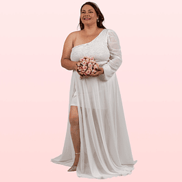 Vestido Largo Con Mini Falda Una Manga Ideal Para Novia Boda Civil Matrimonio SN159