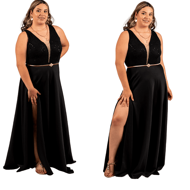 VESTIDO LARGO TRASNPARENCIA EN BUSTO SIN MANGAS CON ABERTURA EN PIERNA IDEAL PARA FIESTA BODA GALA MATRIMONIO TALLAS PLUS KADRIHEL (NO INCLUYE CINTURON)