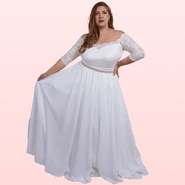 Vestido Largo Blanco Invierno Escote En Busto Boda Matrimonio Civil Tallas Plus Kadrihel SN176