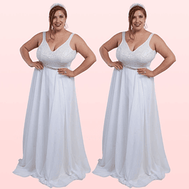 Vestido De Novia Largo Blanco Escote en Busto Matrimonio Ideal Boda Civil Tallas Plus Kadrihel SN183