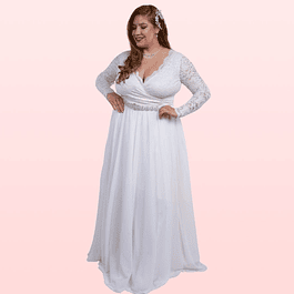 Vestido Blanco Invierno Blusa de Encaje Con Mangas Largas  Ideal Boda Matrimonio Civil Tallas Plus Kadrihel  SN114