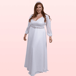 Vestido Largo Blanco Invierno Blusa de Encaje Escote En Busto Boda Matrimonio Civil Tallas Plus Kadrihel  