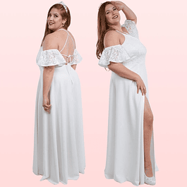 Vestido Blanco Invierno Blusa de Encaje Con Mangas Vuelos  Ideal Boda Matrimonio Civil Tallas Plus Kadrihel SN185