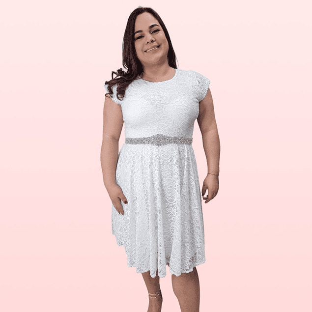 Vestido Corto De Novia Blanco Todo de Encaje Con Mini Mangas Ideal Boda Matrimonio Civil Tallas Plus Kadrihel  