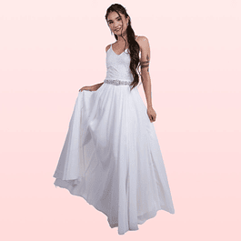 Vestido Largo Falda de Gasa Blusa Con Escote en V Blanco Invierno Boda Matrimonio Civil Tallas Plus Kadrihel  SN182
