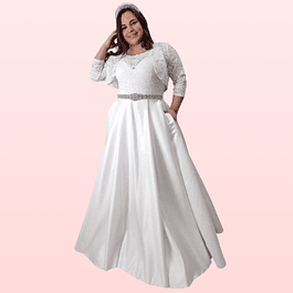 Vestido Largo De Novia Blanco Invierno Blusa de Encaje Falda de Satín (No Incluye Tapado Ni Cinturón)Boda Matrimonio Tallas Plus Kadrihel  