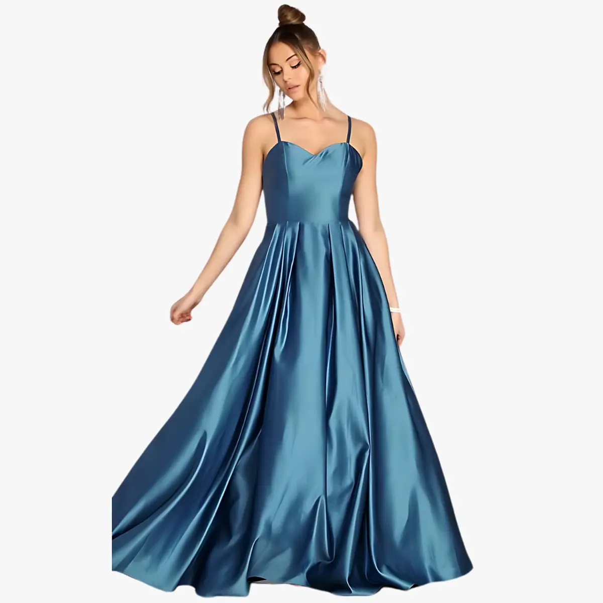 Vestidos largos de satén con tirantes spaghetti y cuerpo plisado Regencia Tallas Grandes
