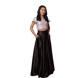 Conjunto De Falda Satin Crop Top Brillante Con Mangas De Vuelos Ideal Para Fiestas, Galas Matrimonios Modelo G017