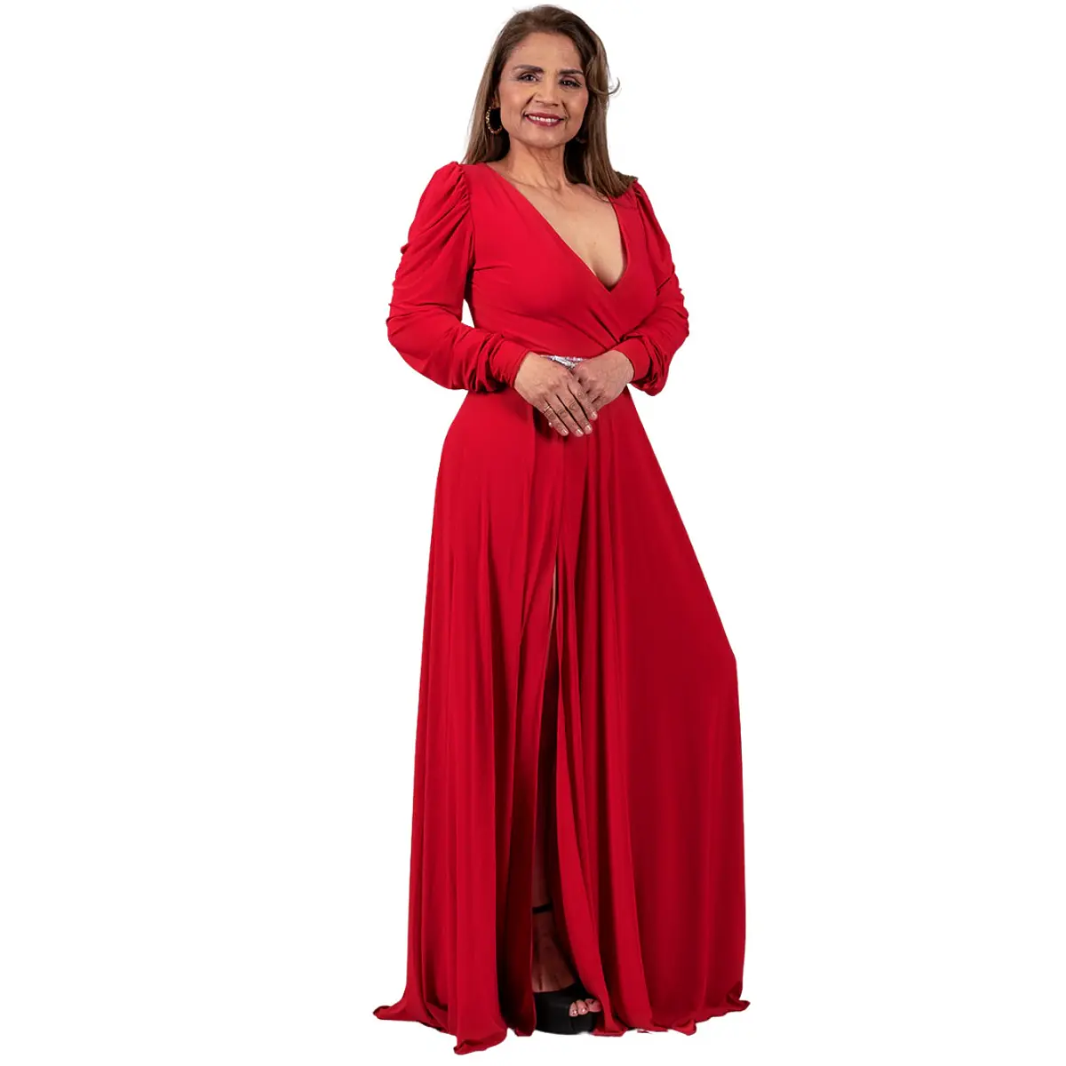 Vestidos largos de chiffon con mangas cap y abertura Borgoña Tallas Grandes main image 1