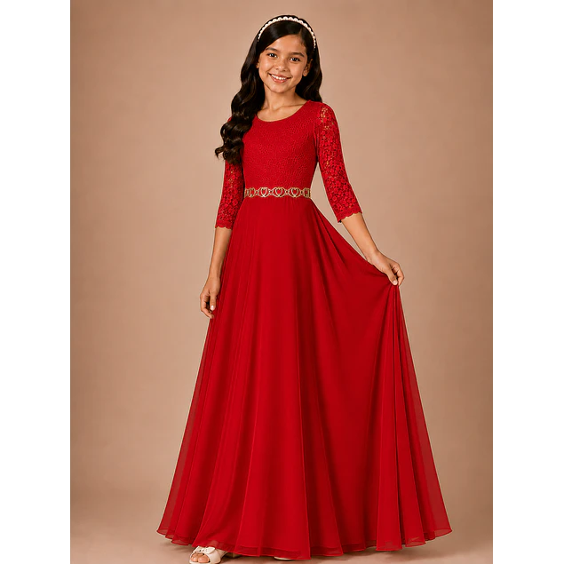 Vestido Largo de Niña Gasa Ideal Para Fiesta Bautizo Comunión Matrimonio Kadrihel Modelo N014