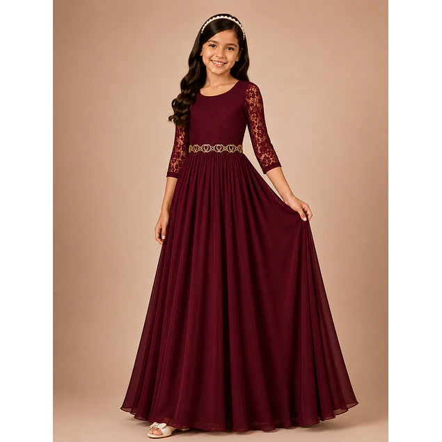 Vestido Largo de Niña Gasa Ideal Para Fiesta Bautizo Comunión Matrimonio Kadrihel Modelo N014