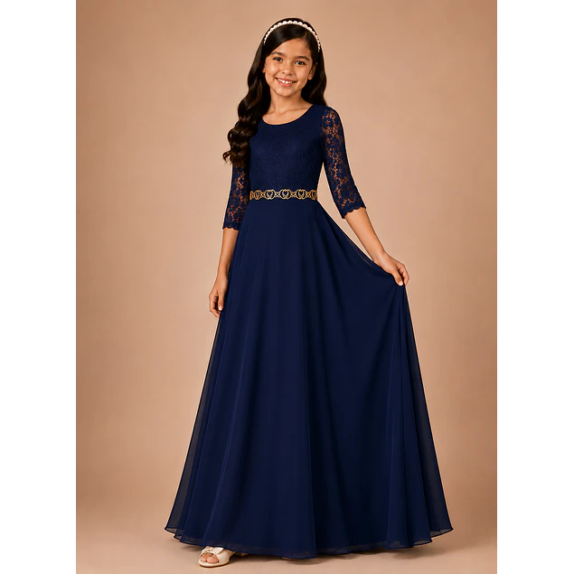 Vestido Largo de Niña Gasa Ideal Para Fiesta Bautizo Comunión Matrimonio Kadrihel Modelo N014