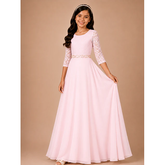 Vestido Largo de Niña Gasa Ideal Para Fiesta Bautizo Comunión Matrimonio Kadrihel Modelo N014