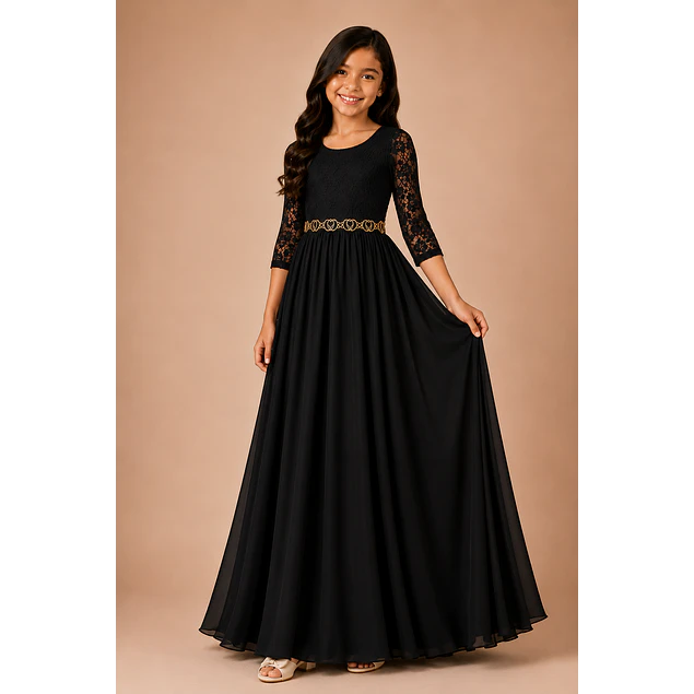 Vestido Largo de Niña Gasa Ideal Para Fiesta Bautizo Comunión Matrimonio Kadrihel Modelo N014