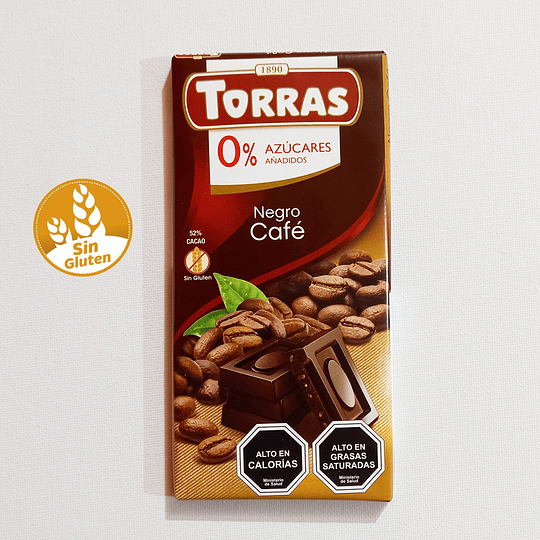 Chocolate TORRAS, 50% cacao negro con café, 0% azúcar - SIN GLUTEN