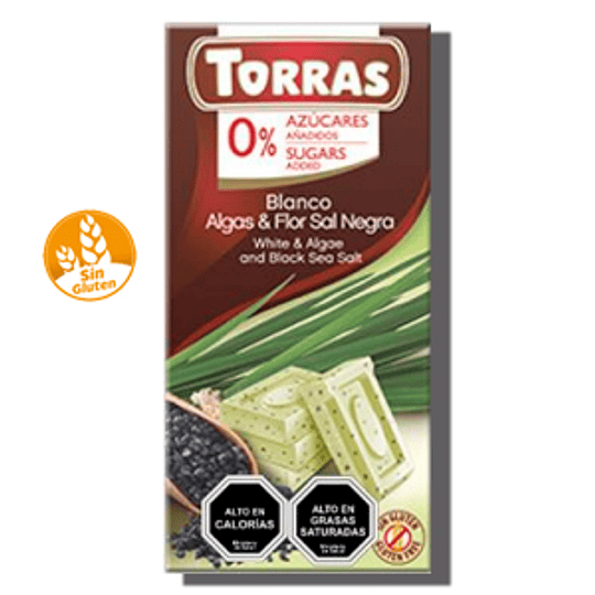 Chocolate TORRAS, blanco con algas y sal negra, 0% azúcar - SIN GLUTEN