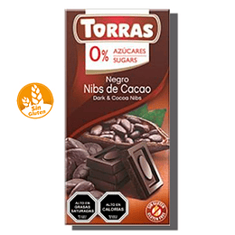 Chocolate TORRAS, negro con pepitas de cacao, 0% azúcar - SIN GLUTEN