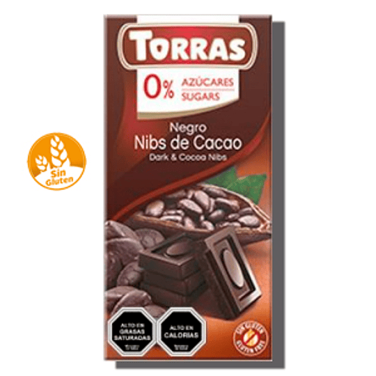 Chocolate TORRAS, negro con pepitas de cacao, 0% azúcar - SIN GLUTEN