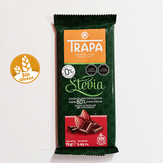 Chocolate TRAPA, 80% cacao con stevia  - SIN GLUTEN