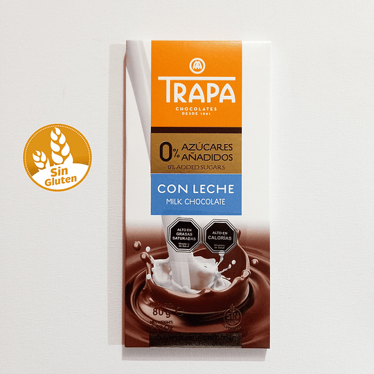 Chocolate TRAPA, 80% cacao, con leche, 0% azúcar - SIN GLUTEN