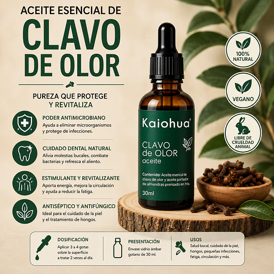 Aceite de Clavo de Olor con aceite portador (almendras) 30 ml.