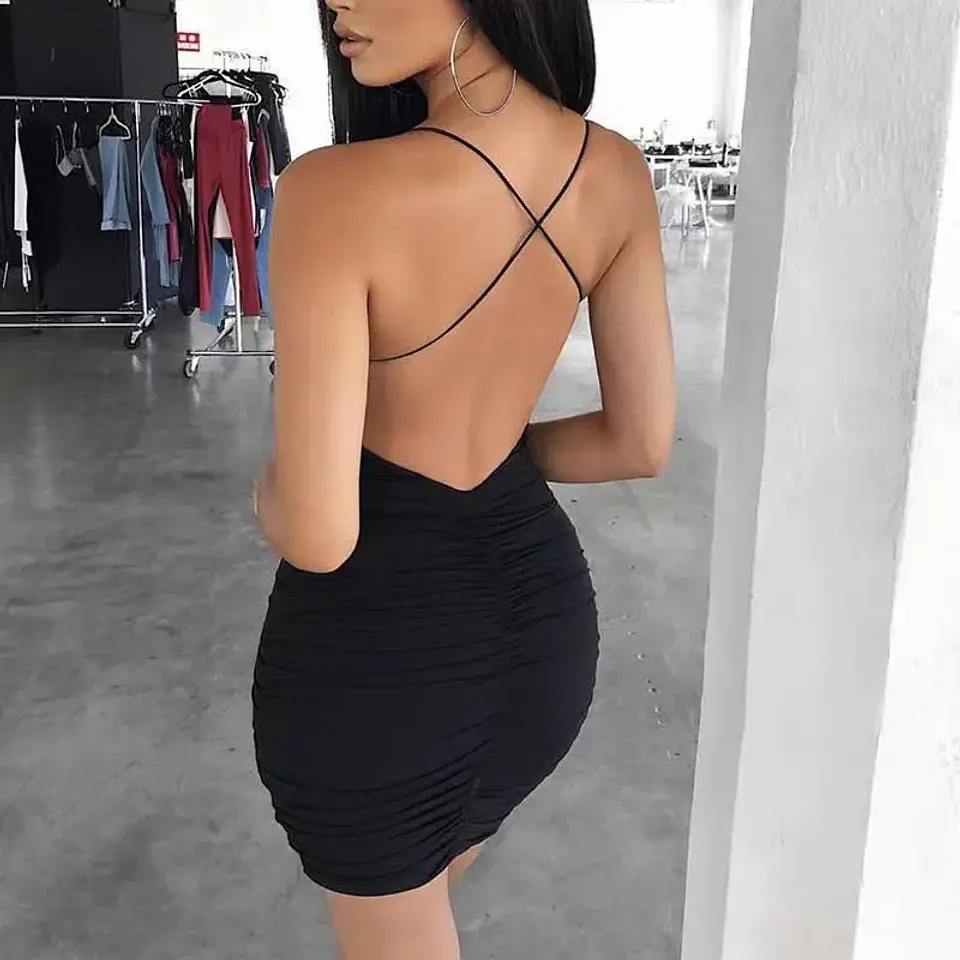 Sexy Backless Mini Dress Sleeveless Pleated Dress Black Fashion Summer Woman Club Tight Bodycon Dresses Sling 1