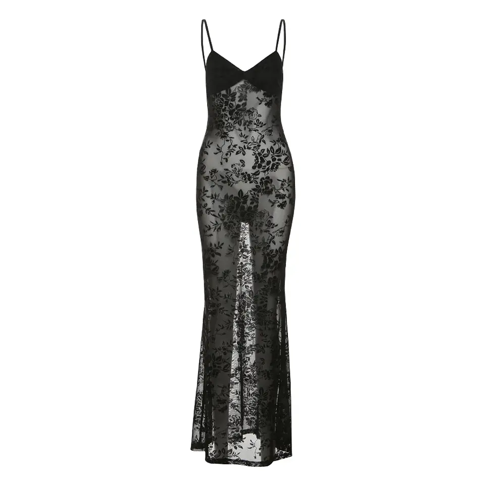Weird Puss See Through Dress Women Backless Hollow Flower Print Patchwork Solid Sleeveless Sexy Midnight Clubwear Party Vestidos 8