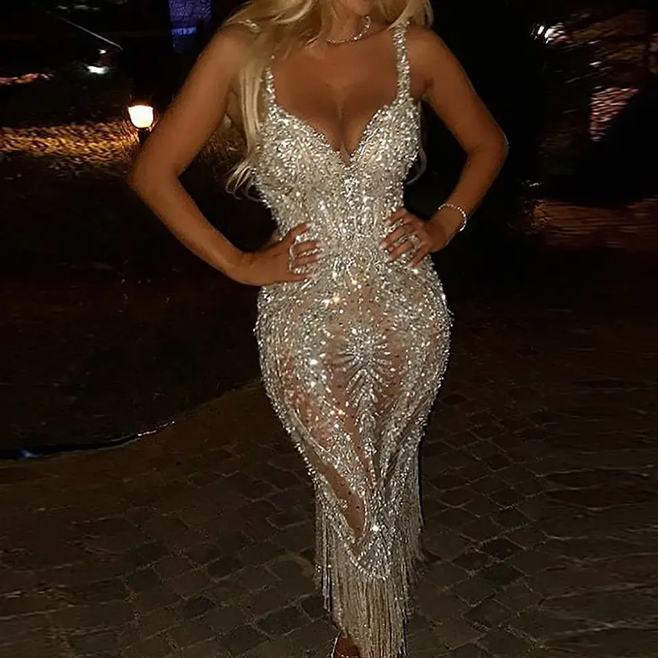 Lady Deep V Strapless Tight Sequin Dress Chic Tassel Hip Wrap Club Dress Summer Sexy Sleeveless Slim Solid Evening Dress Vestido 6