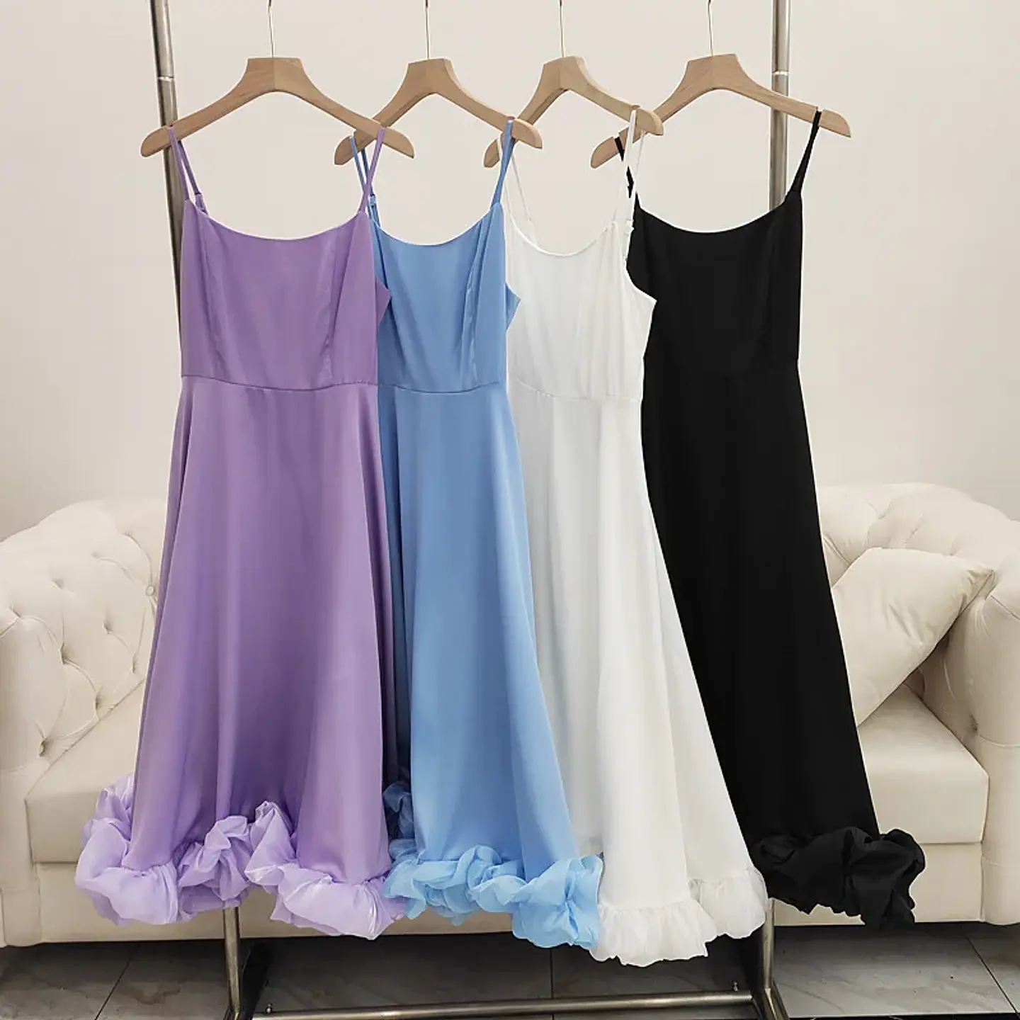 Elegant Ruffle Solid Sling Long Dress Women Strap Waist Party Dresses Fashion Sleeveless Backless Beach Swing skirt A-line tutu 3