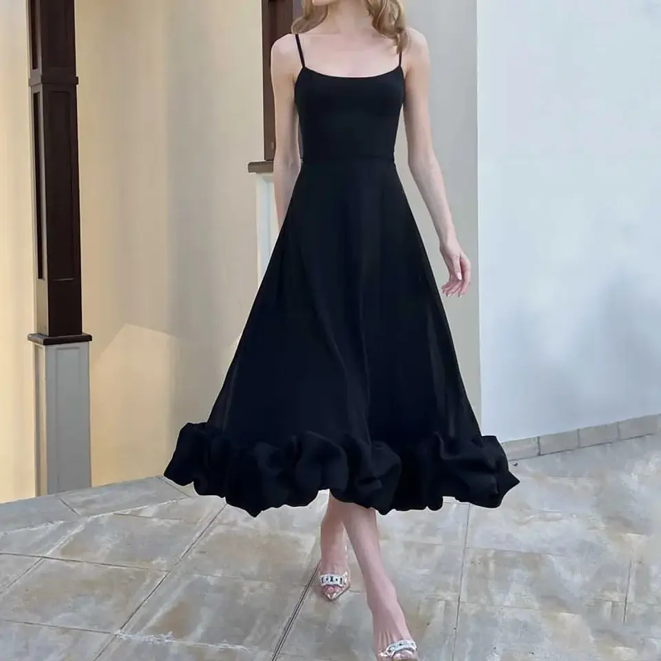 Elegant Ruffle Solid Sling Long Dress Women Strap Waist Party Dresses Fashion Sleeveless Backless Beach Swing skirt A-line tutu 5