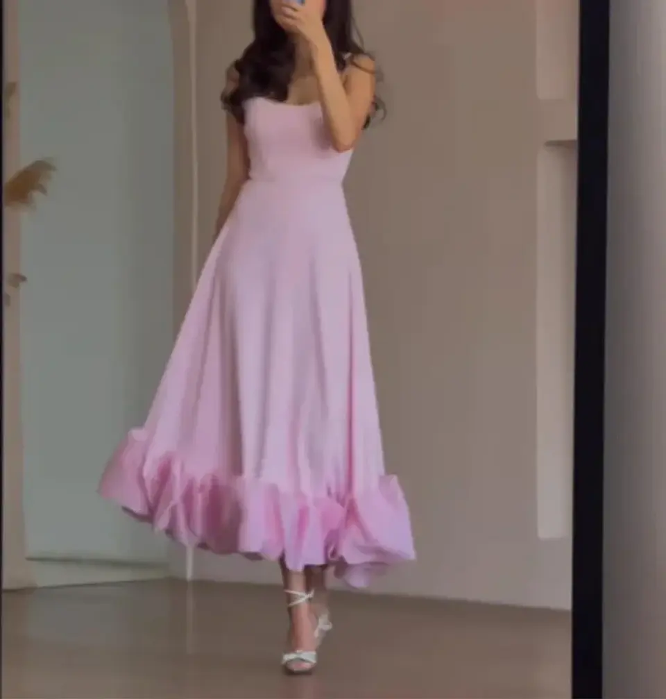 Elegant Ruffle Solid Sling Long Dress Women Strap Waist Party Dresses Fashion Sleeveless Backless Beach Swing skirt A-line tutu 11