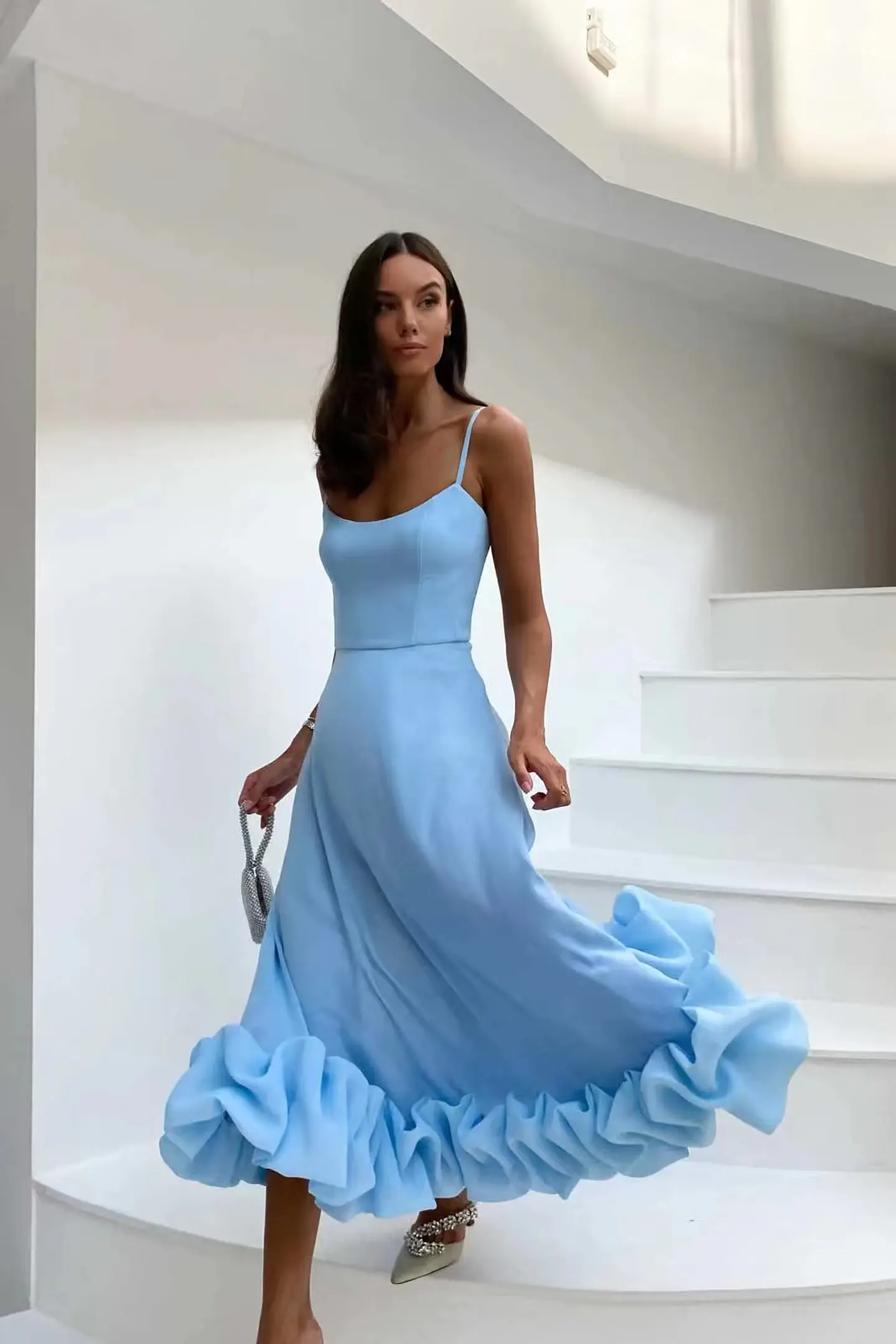 Elegant Ruffle Solid Sling Long Dress Women Strap Waist Party Dresses Fashion Sleeveless Backless Beach Swing skirt A-line tutu 24