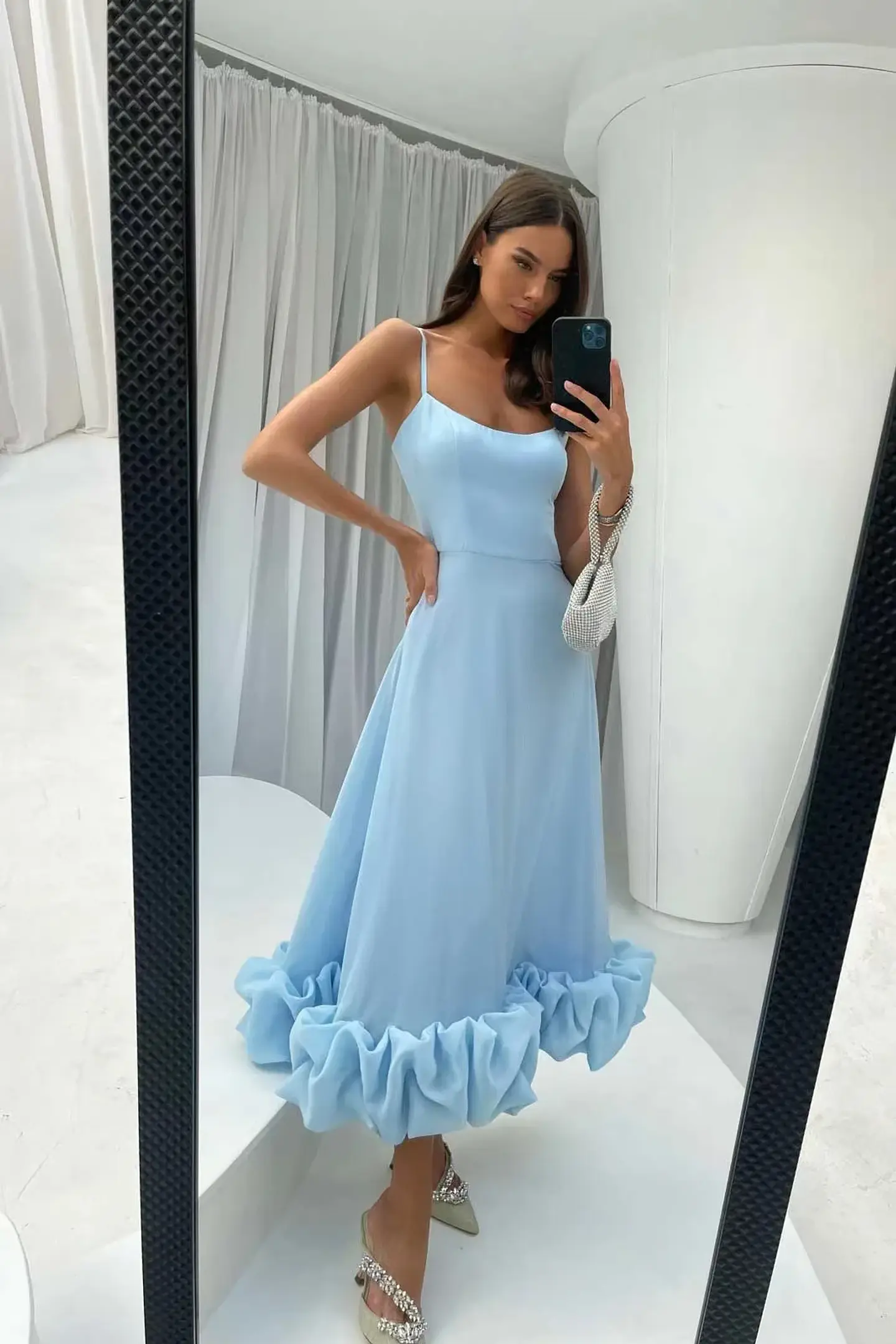 Elegant Ruffle Solid Sling Long Dress Women Strap Waist Party Dresses Fashion Sleeveless Backless Beach Swing skirt A-line tutu 25
