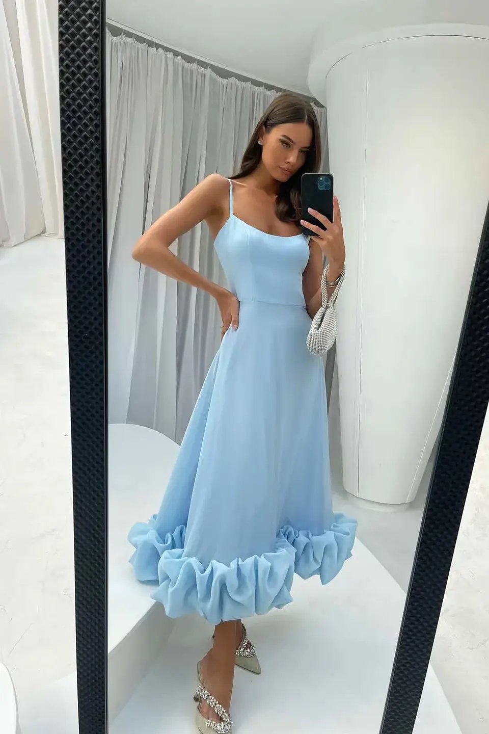 Elegant Ruffle Solid Sling Long Dress Women Strap Waist Party Dresses Fashion Sleeveless Backless Beach Swing skirt A-line tutu 25