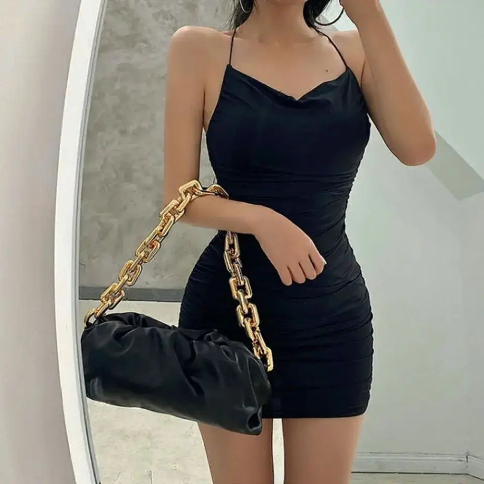 Sexy Backless Mini Dress Sleeveless Pleated Dress Black Fashion Summer Woman Club Tight Bodycon Dresses Sling 11