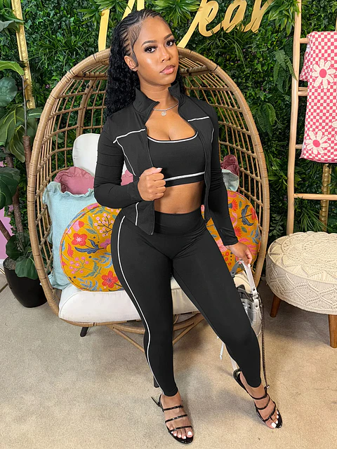 Weird Puss Casual 3 Piece Set Women Tracksuit Elastic Vest+Zip Jacket+Leggings Matching Street Sporty Fitness Street Shapewear