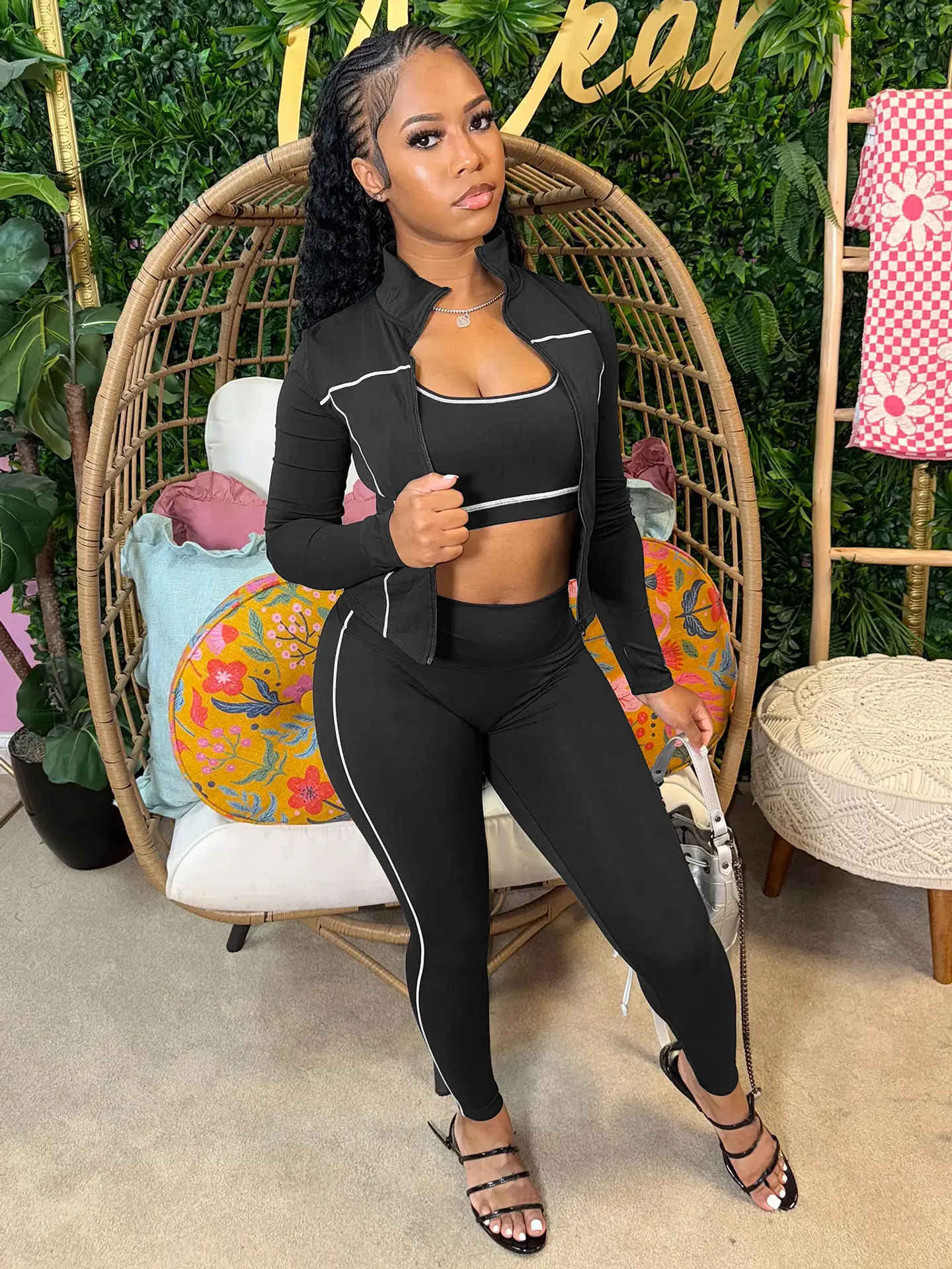 Weird Puss Casual 3 Piece Set Women Tracksuit Elastic Vest+Zip Jacket+Leggings Matching Street Sporty Fitness Street Shapewear 2