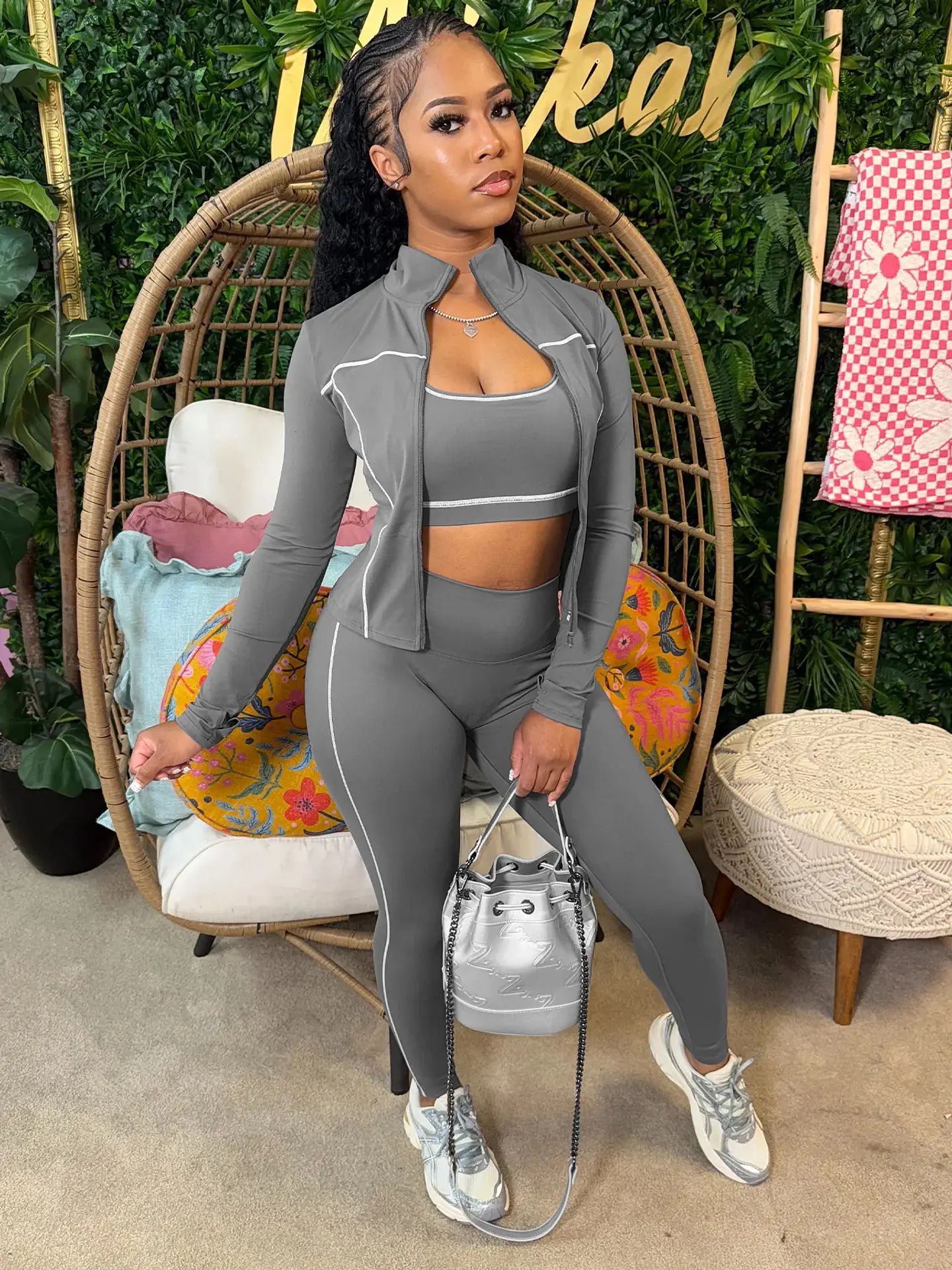 Weird Puss Casual 3 Piece Set Women Tracksuit Elastic Vest+Zip Jacket+Leggings Matching Street Sporty Fitness Street Shapewear 5