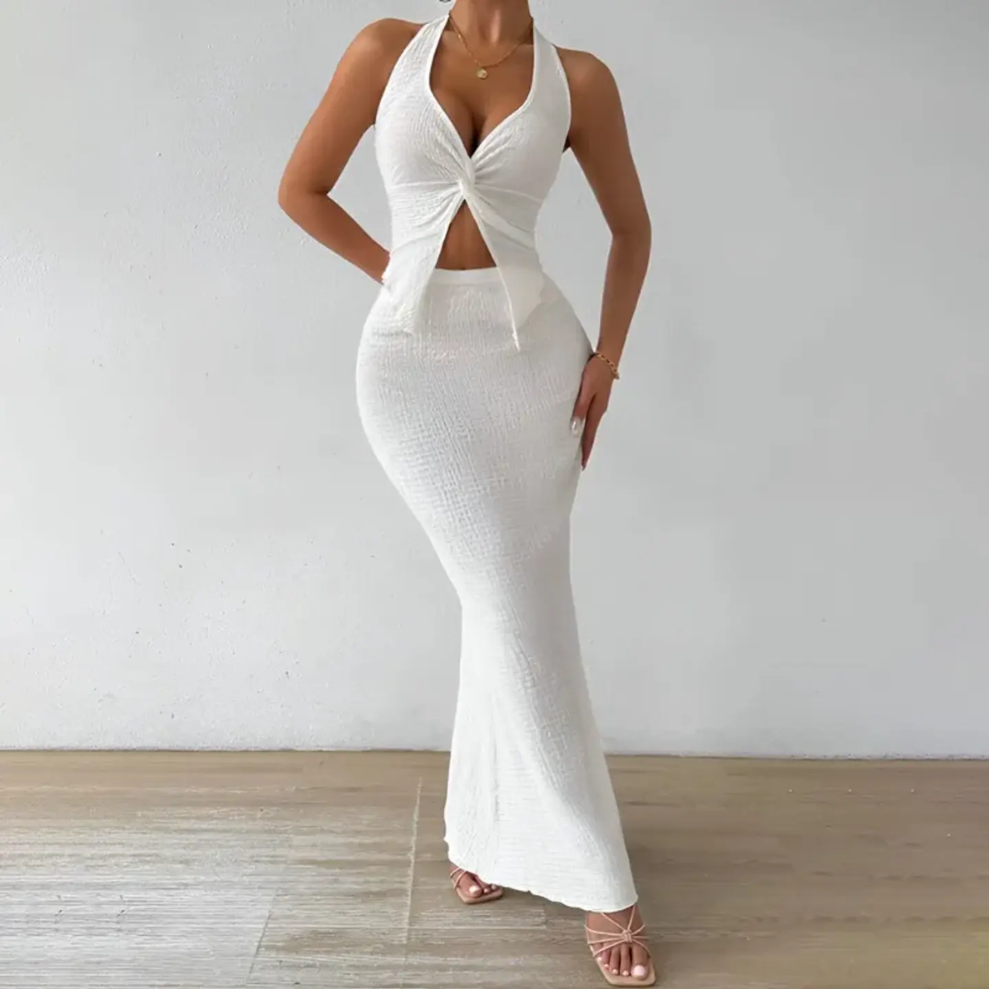 Tuularose White Long Skirt Two Piece Summer Sexy Twist Lace-up Vest Top Tight Long Skirt Set Elegant 2025 Female Long Dress Sets 1