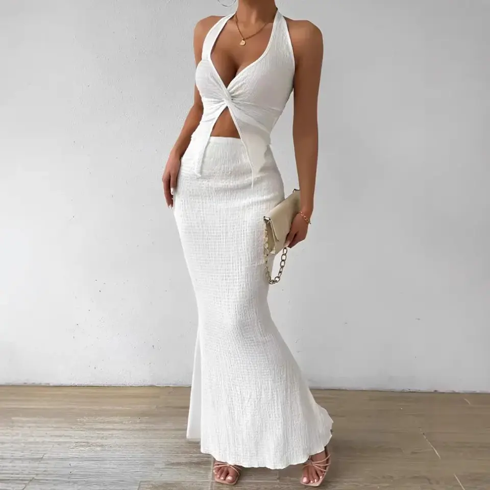 Tuularose White Long Skirt Two Piece Summer Sexy Twist Lace-up Vest Top Tight Long Skirt Set Elegant 2025 Female Long Dress Sets 2