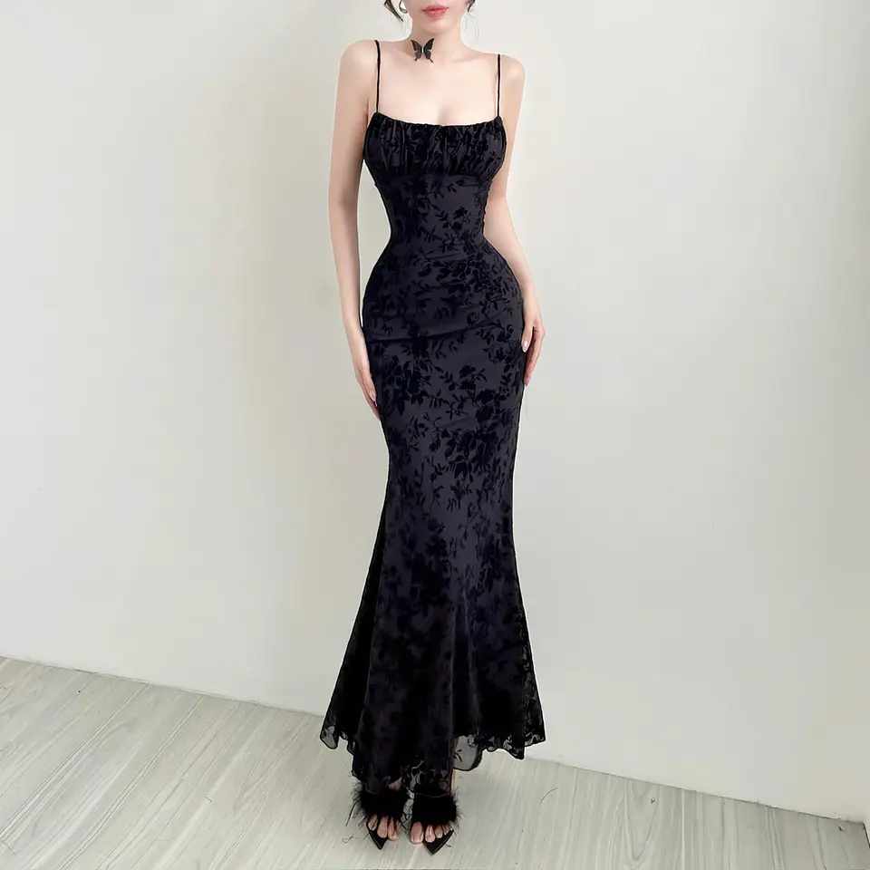 Women's Eco-Friendly Mesh Halter Neck A-Line High Waist Slim Fit Floor-Length Solid Burnout Chinese Style Backless Anti-Wrinkle 2
