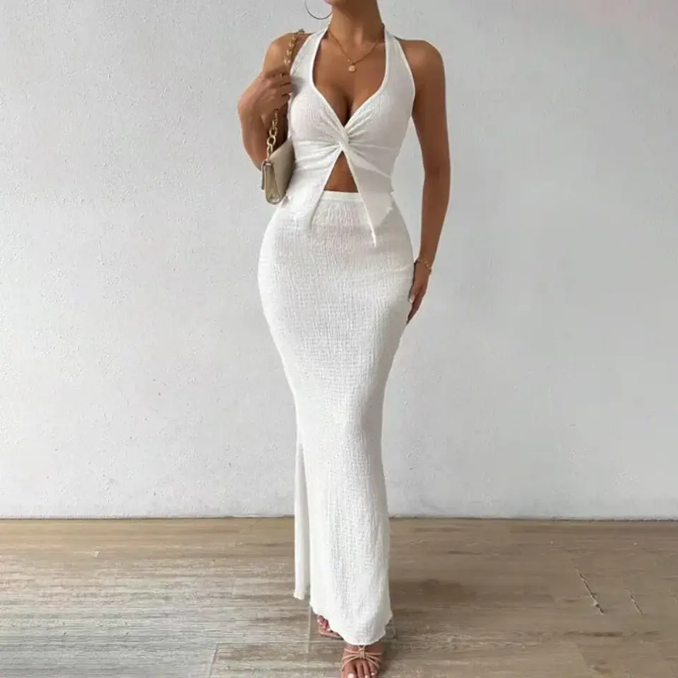 Tuularose White Long Skirt Two Piece Summer Sexy Twist Lace-up Vest Top Tight Long Skirt Set Elegant 2025 Female Long Dress Sets 4