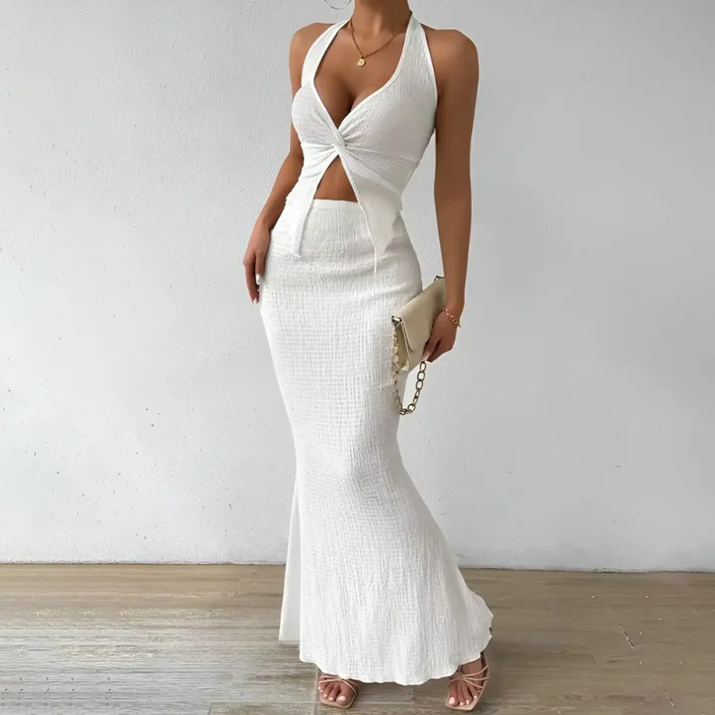 Tuularose White Long Skirt Two Piece Summer Sexy Twist Lace-up Vest Top Tight Long Skirt Set Elegant 2025 Female Long Dress Sets 5