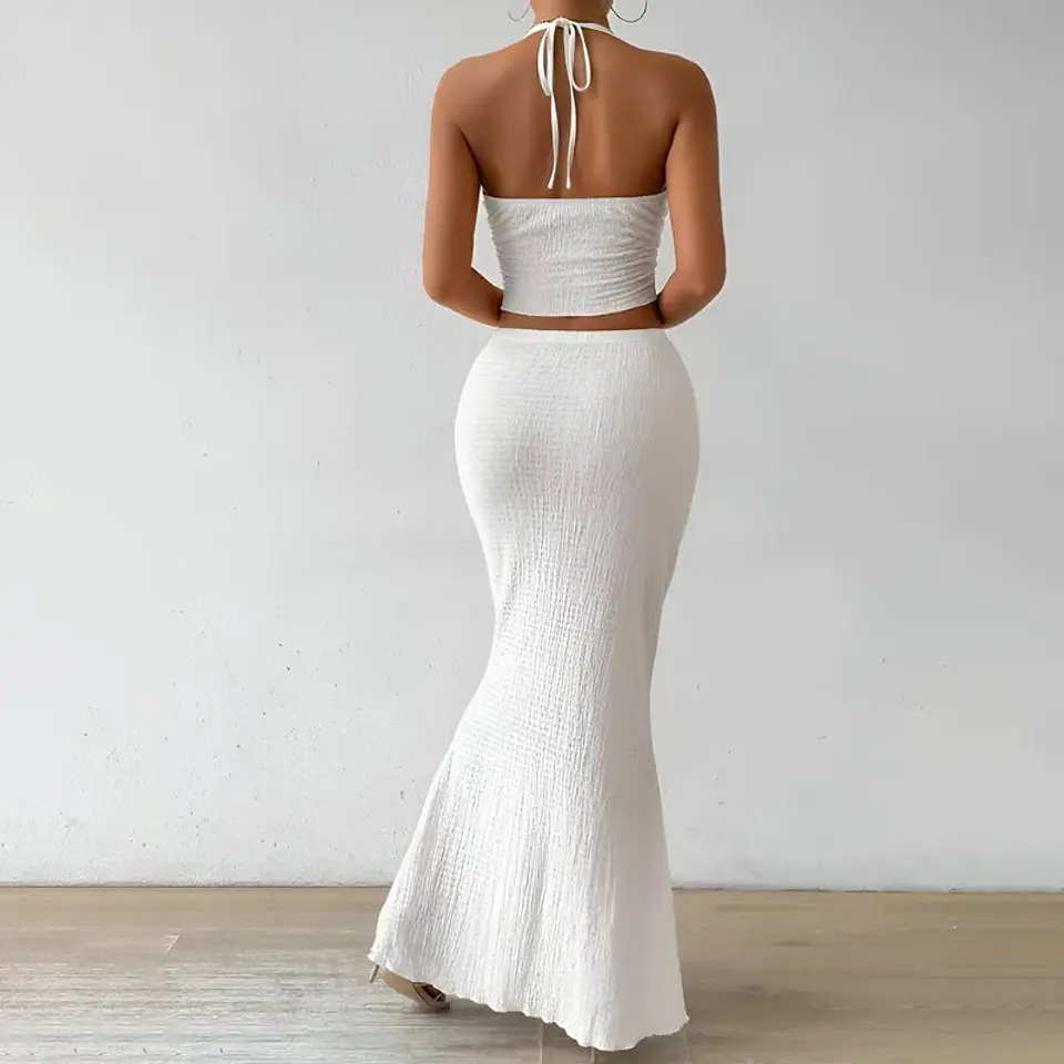 Tuularose White Long Skirt Two Piece Summer Sexy Twist Lace-up Vest Top Tight Long Skirt Set Elegant 2025 Female Long Dress Sets 6