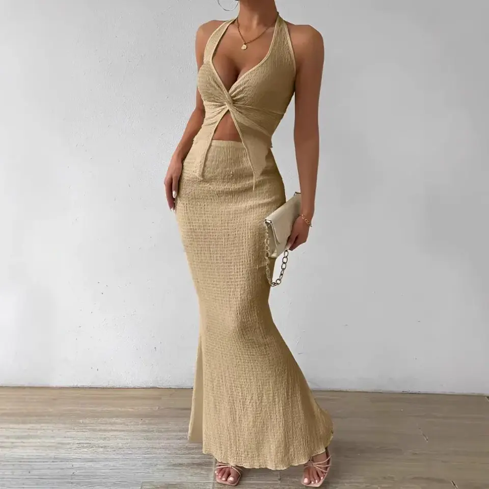 Tuularose White Long Skirt Two Piece Summer Sexy Twist Lace-up Vest Top Tight Long Skirt Set Elegant 2025 Female Long Dress Sets 7