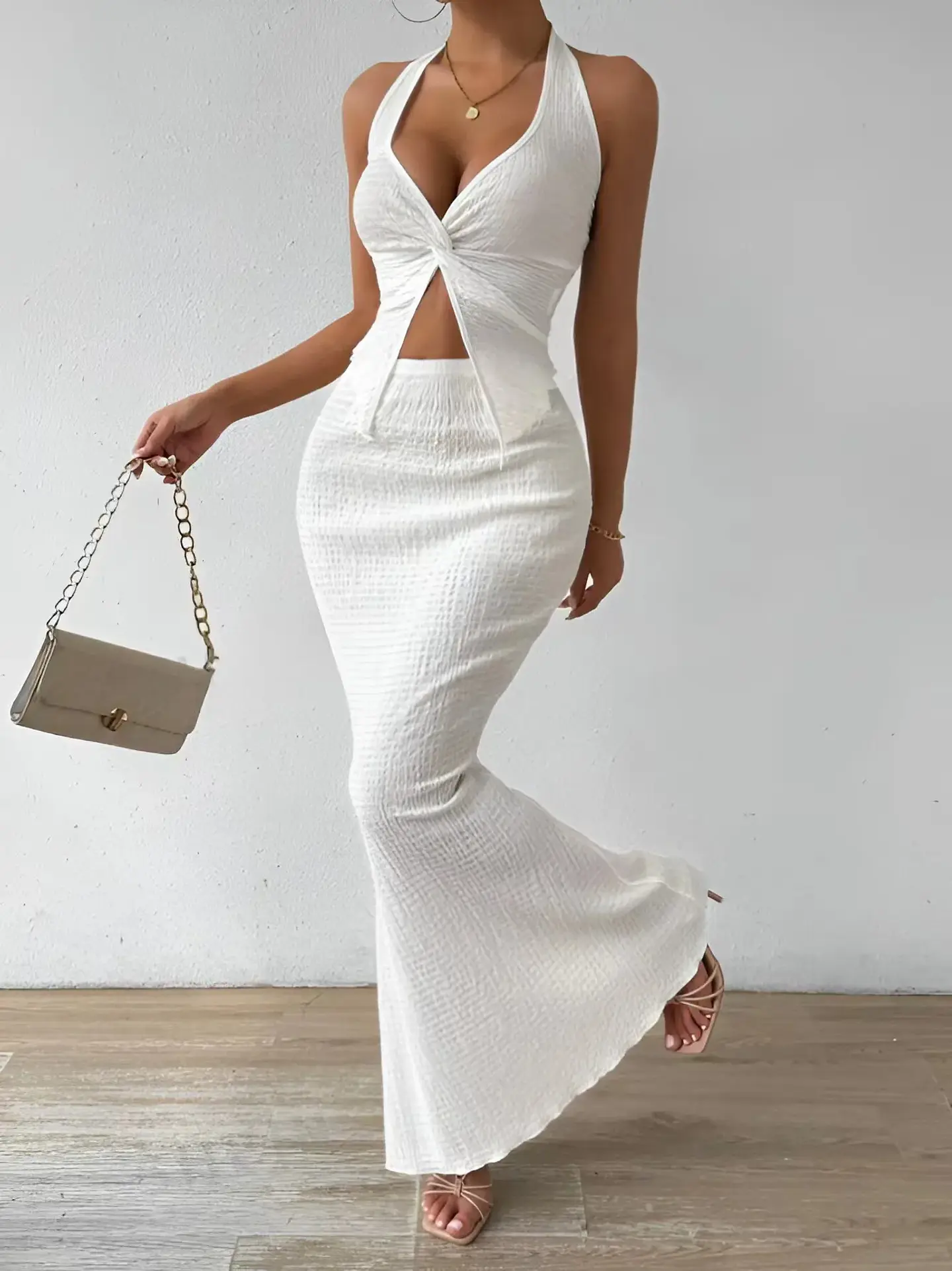 Tuularose White Long Skirt Two Piece Summer Sexy Twist Lace-up Vest Top Tight Long Skirt Set Elegant 2025 Female Long Dress Sets 12