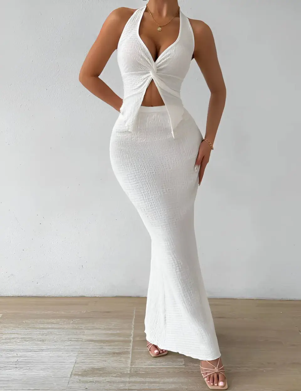 Tuularose White Long Skirt Two Piece Summer Sexy Twist Lace-up Vest Top Tight Long Skirt Set Elegant 2025 Female Long Dress Sets 14