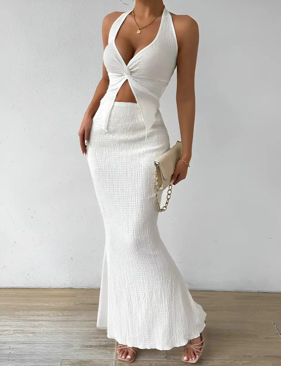 Tuularose White Long Skirt Two Piece Summer Sexy Twist Lace-up Vest Top Tight Long Skirt Set Elegant 2025 Female Long Dress Sets 15