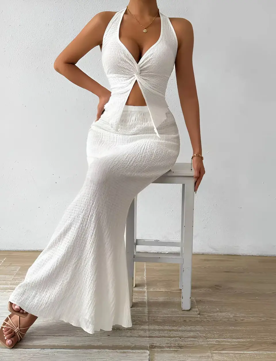 Tuularose White Long Skirt Two Piece Summer Sexy Twist Lace-up Vest Top Tight Long Skirt Set Elegant 2025 Female Long Dress Sets 16